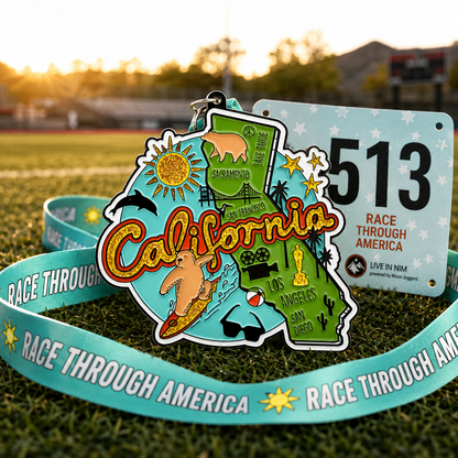 Silver medal for the Race Through California Virtual Race, featuring a scenic California design and virtualrunevent branding.