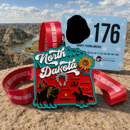 North Dakota virtual race medal from VirtualRunEvent for 5K, 10K, half marathon, or 50-mile challenge, featuring North Dakota design.