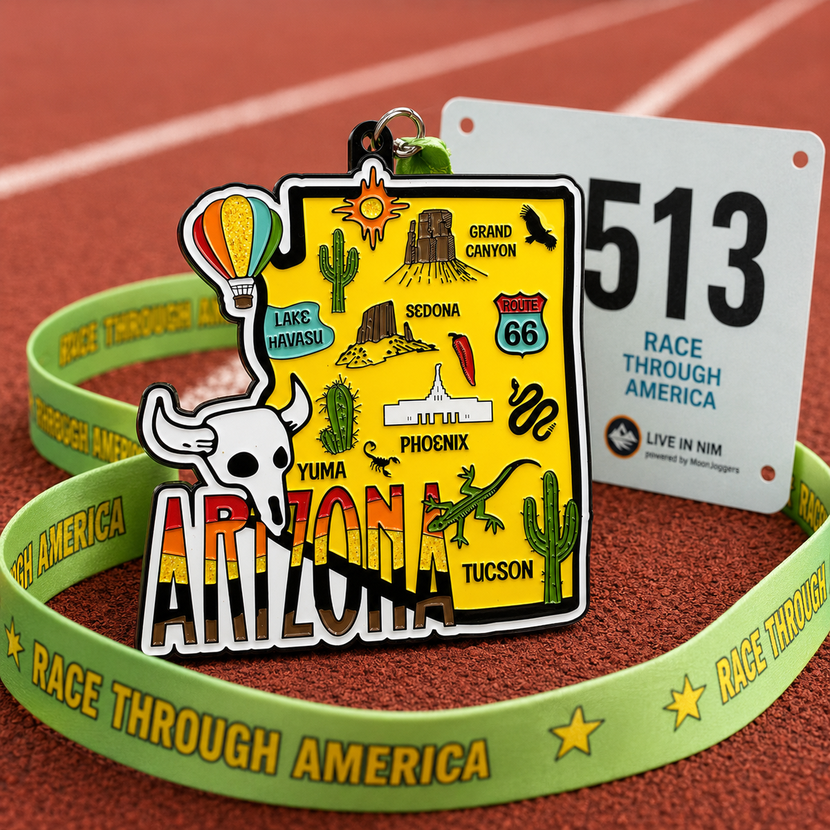Virtualrunevent Race Through Arizona medal for 5K, 10K, half marathon, and 50-mile challenge featuring desert landscape design.