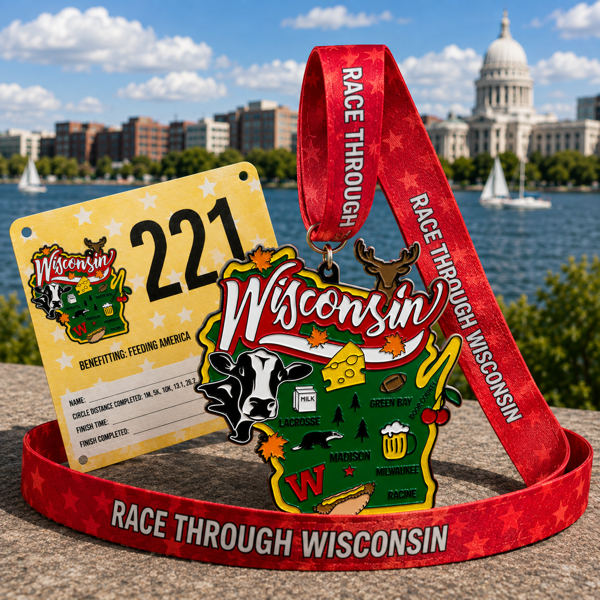 Silver medal for Race Through Wisconsin virtual race featuring a Wisconsin-themed design, awarded for 5K, 10K, half marathon, and marathon.