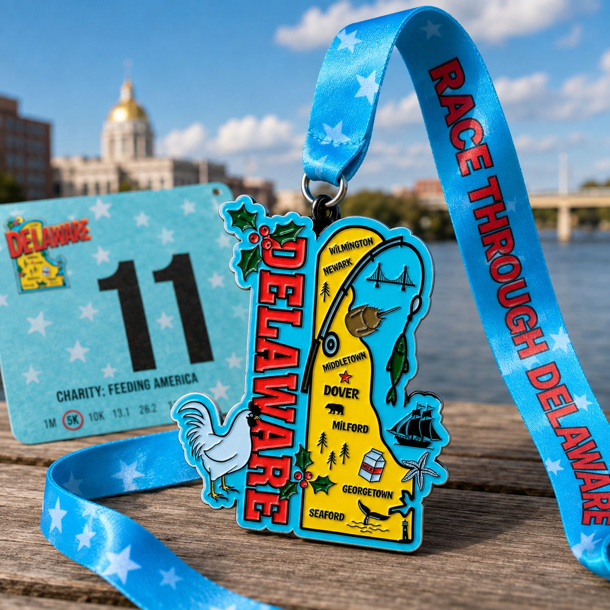 Virtualrunevent Race Through America 50 State Challenge medals and bibs displayed on a flat surface.