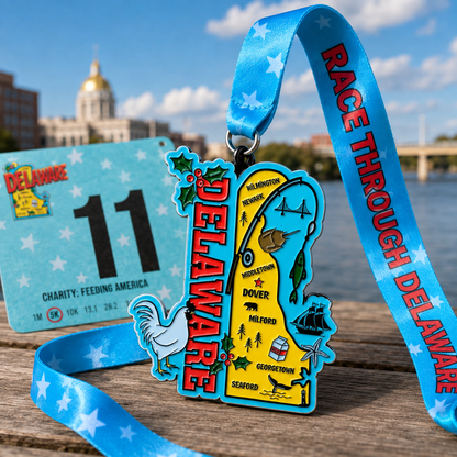 Virtualrunevent Race Through America 50 State Challenge medals and bibs displayed on a flat surface.