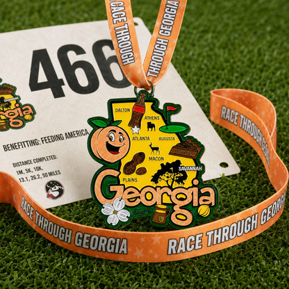 Virtualrunevent Race Through Georgia medal featuring Georgia state map and race details for 1M, 5K, and 10K virtual races.