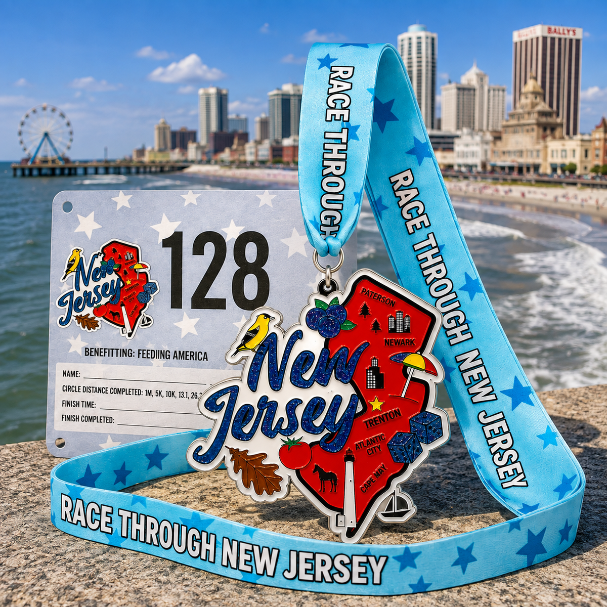 Collection of 50 virtualrunevent medals and bibs for the Race Through America 50 State Challenge displayed together.