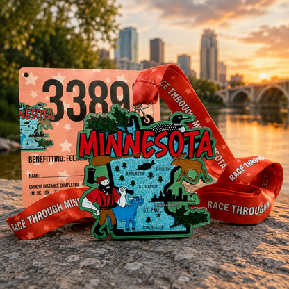 Virtualrunevent Race Through America 50 State Challenge medals and bibs displayed in a collection.