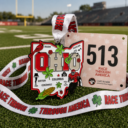 Virtualrunevent Ohio medal and bib for race participation, featuring a colorful design and event branding on the medal and bib.
