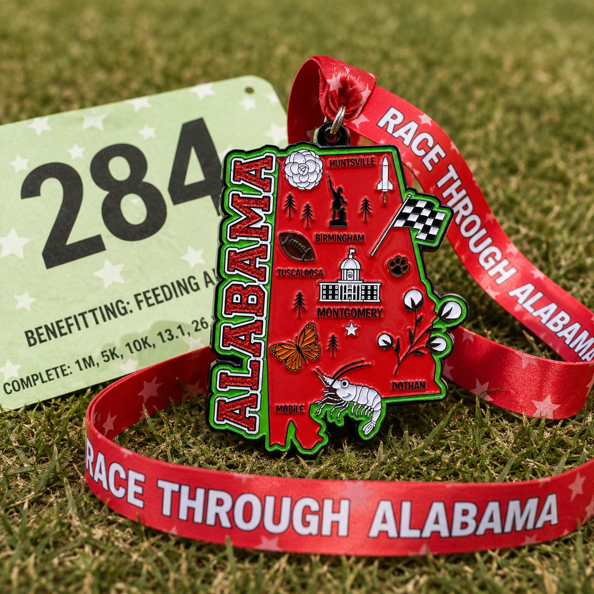 Virtualrunevent Race Through America 50 State Challenge medals and bibs displayed in a collection, showcasing all 50 medals and bibs.