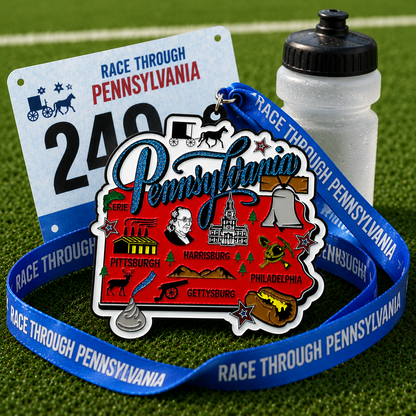Virtualrunevent Race Through Pennsylvania medal for 5K, 10K, half marathon, and marathon virtual race event.