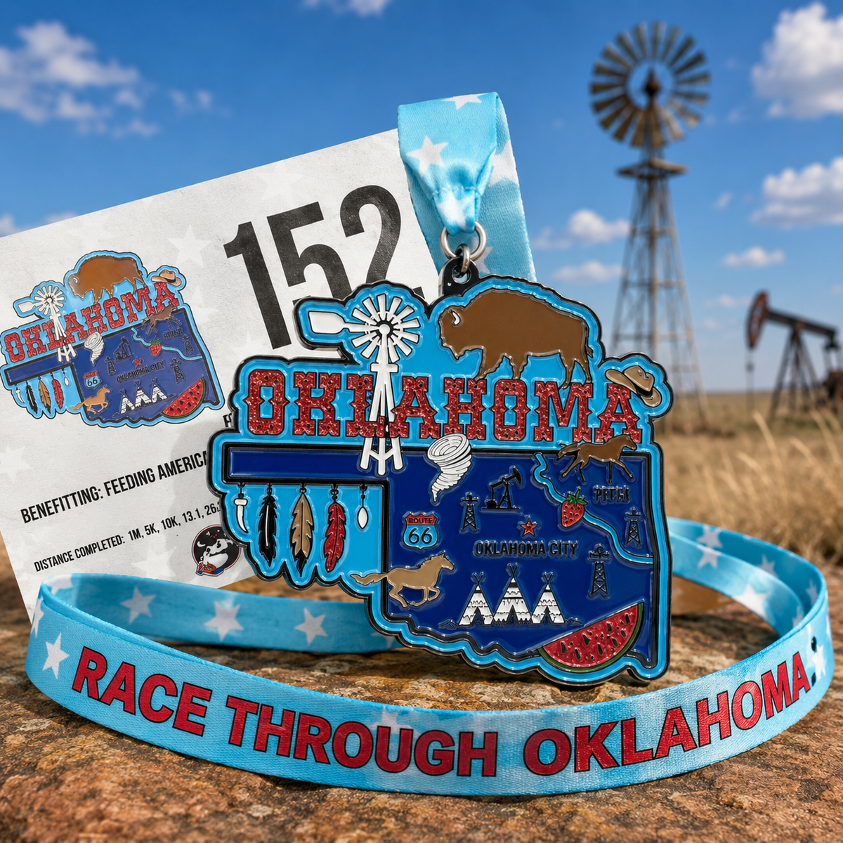 Virtualrunevent Race Through America 50 State Challenge medals and bibs displayed, showcasing colorful designs and state-specific details.