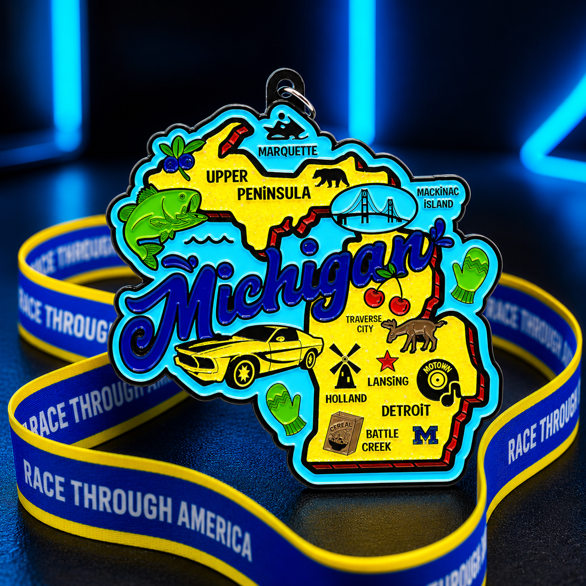 Michigan Virtual Race medal featuring the event logo, awarded for completing 1 mile, 5K, 10K, half marathon, or marathon.