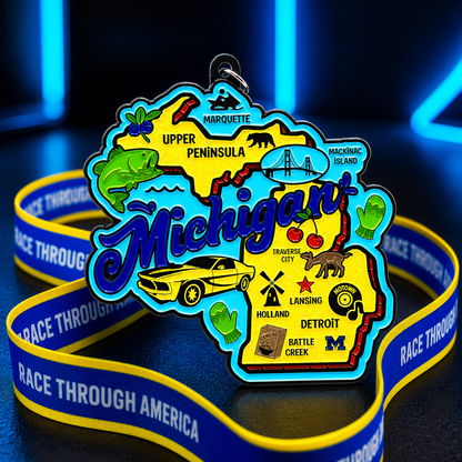 Michigan Virtual Race medal featuring the event logo, awarded for completing 1 mile, 5K, 10K, half marathon, or marathon.
