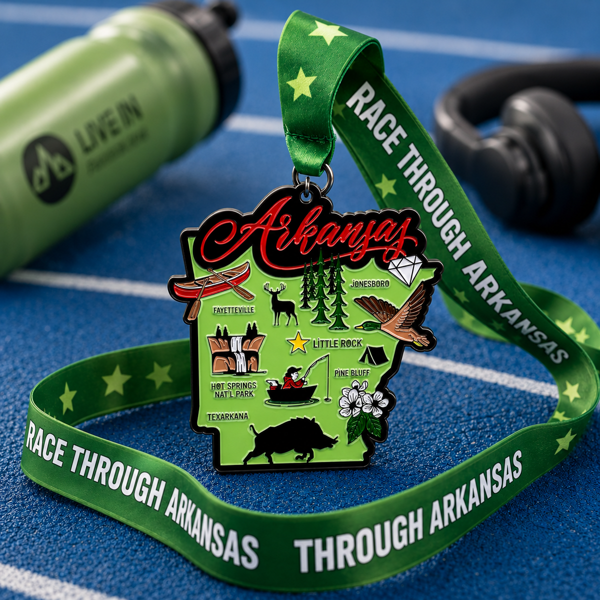 Virtualrunevent Race Through America 50 State Challenge medals and bibs lineup, showcasing all 50 state medals and bibs for the running challenge.