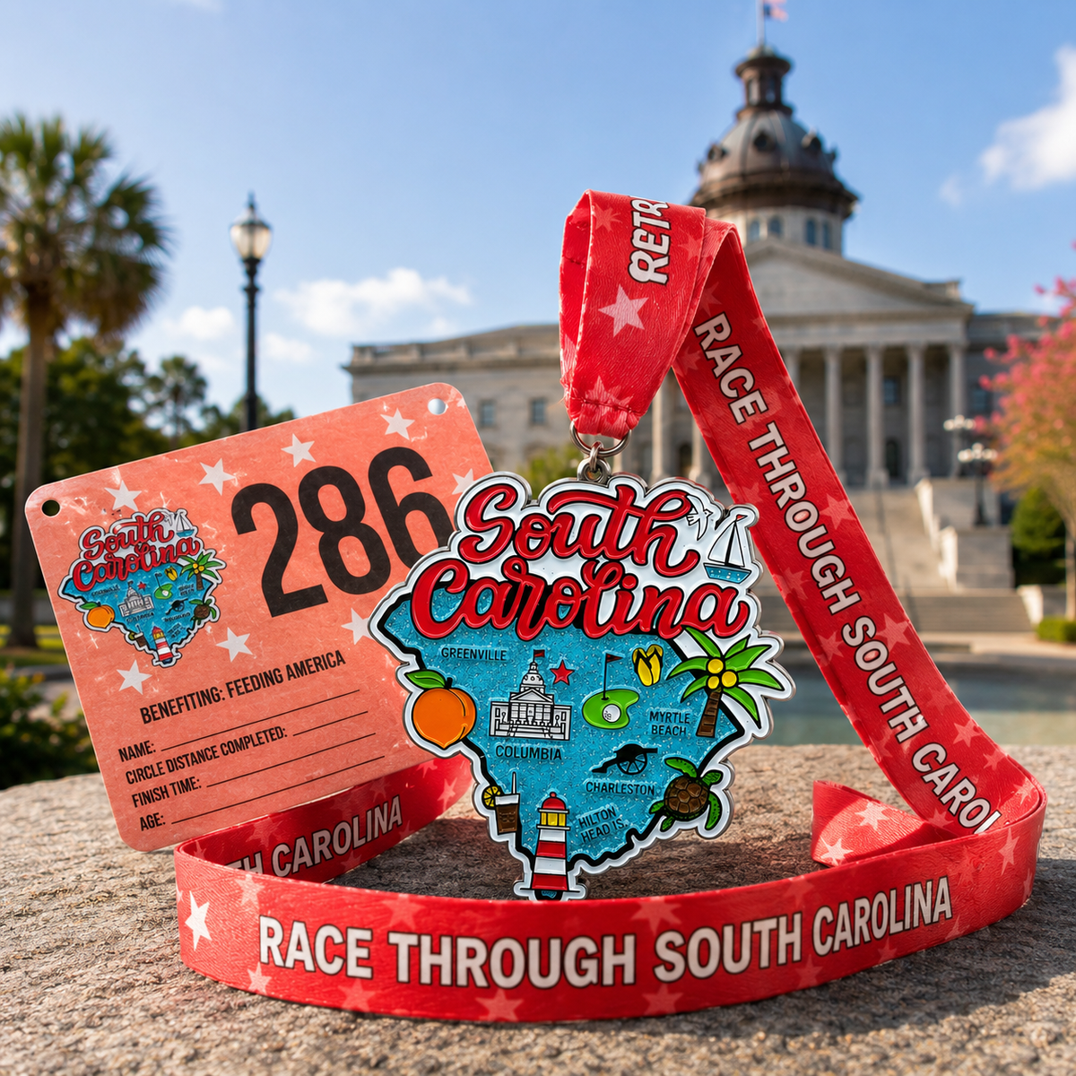 Virtualrunevent Race Through South Carolina medal for 5K, 10K, Half Marathon, and Marathon virtual race event.