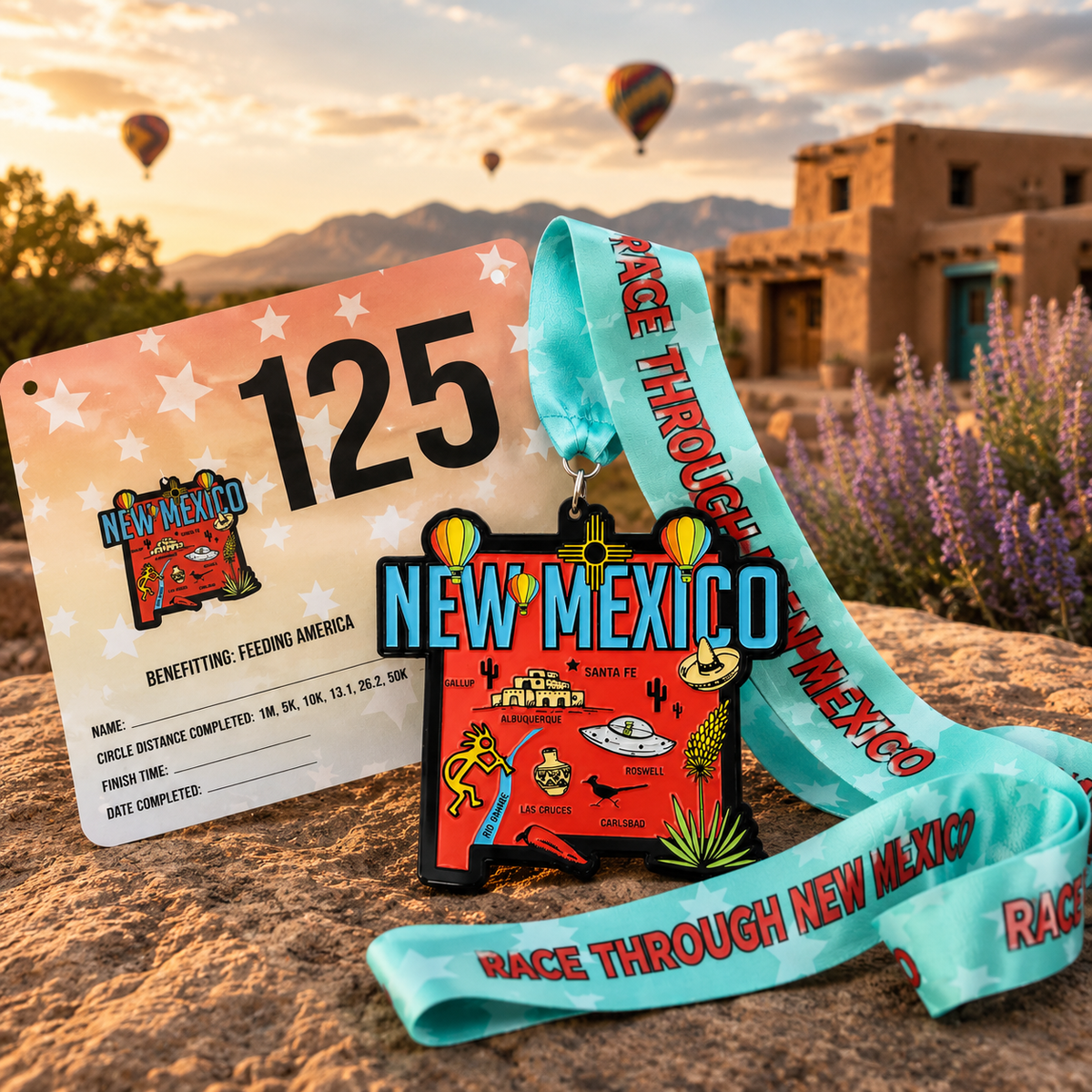 Virtualrunevent Race Through New Mexico medal for 5K, 10K, Half Marathon, and 50 Mile Challenge, featuring scenic New Mexico design.