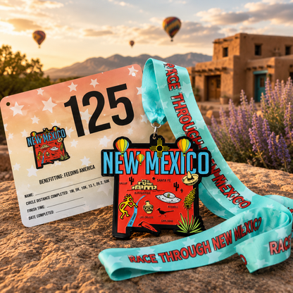 Virtualrunevent Race Through New Mexico medal for 5K, 10K, Half Marathon, and 50 Mile Challenge, featuring scenic New Mexico design.