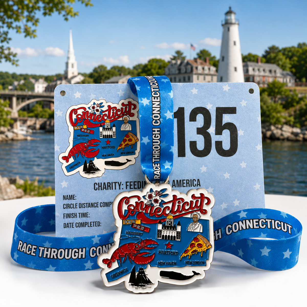 Connecticut Virtual Race medal by virtualrunevent for 5K, 10K, Half Marathon, and 50 Mile Challenge, featuring a detailed runner design.