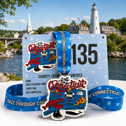 Connecticut Virtual Race medal by virtualrunevent for 5K, 10K, Half Marathon, and 50 Mile Challenge, featuring a detailed runner design.