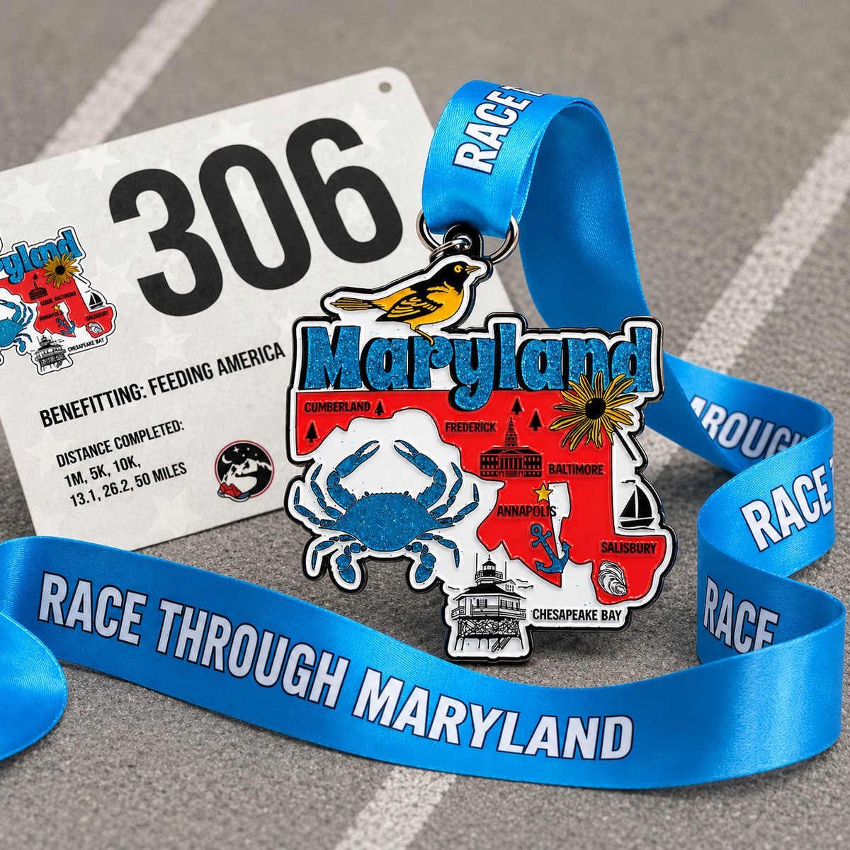 Virtualrunevent Maryland Race medal for 5K, 10K, half marathon, and 50 mile challenge, featuring Maryland-themed design and vibrant colors.