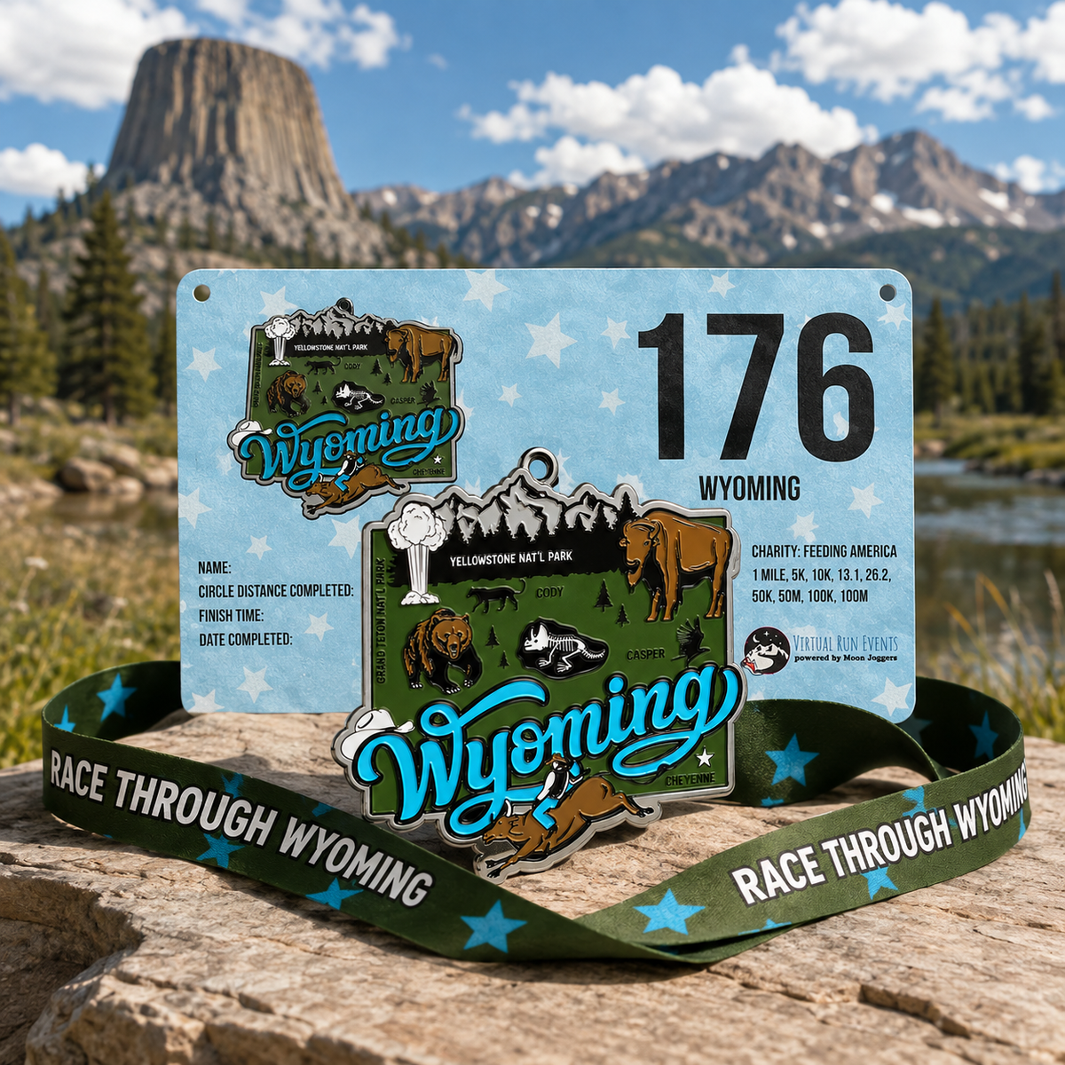 Wyoming Virtual Race medal for 5K, 10K, half marathon, and marathon by virtualrunevent, featuring mountain and trail design.