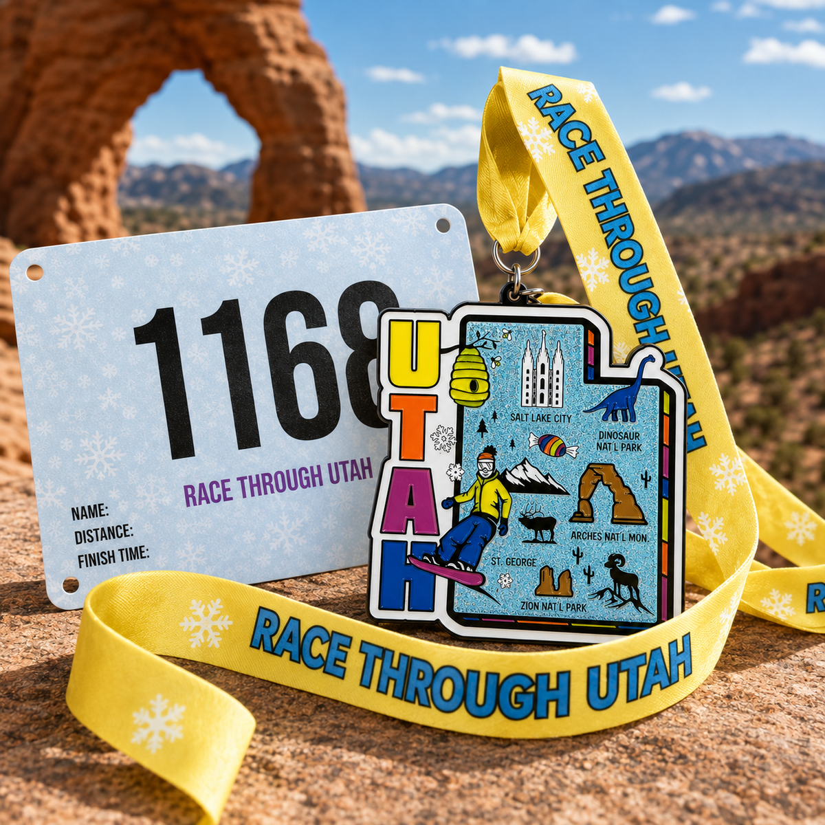 Virtualrunevent Race Through Utah medal featuring a colorful Utah landscape and race details for 5K, 10K, half marathon, and 50-mile challenge.