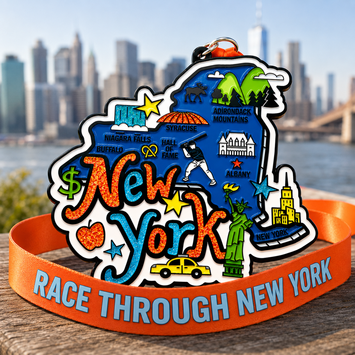 Virtualrunevent Race Through New York virtual race medal featuring iconic New York City landmarks for 5K, 10K, half marathon, and 50-mile challenge.