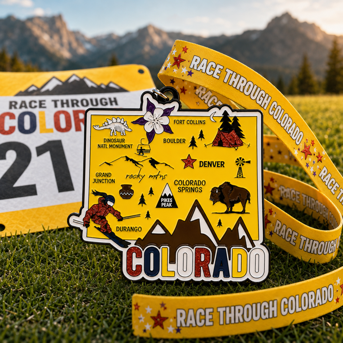 Virtualrunevent Race Through Colorado medal for 5K, 10K, Half Marathon, and 50 Mile Challenge, featuring Colorado mountain design.