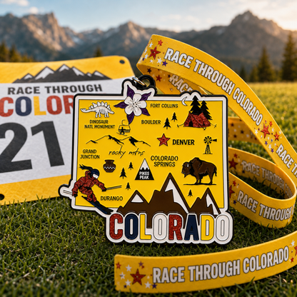 Virtualrunevent Race Through Colorado medal for 5K, 10K, Half Marathon, and 50 Mile Challenge, featuring Colorado mountain design.