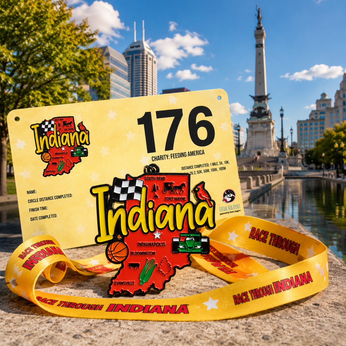 Virtualrunevent Race Through Indiana medal for 5K, 10K, Half Marathon, and 50 Mile Challenge, featuring Indiana-themed design.