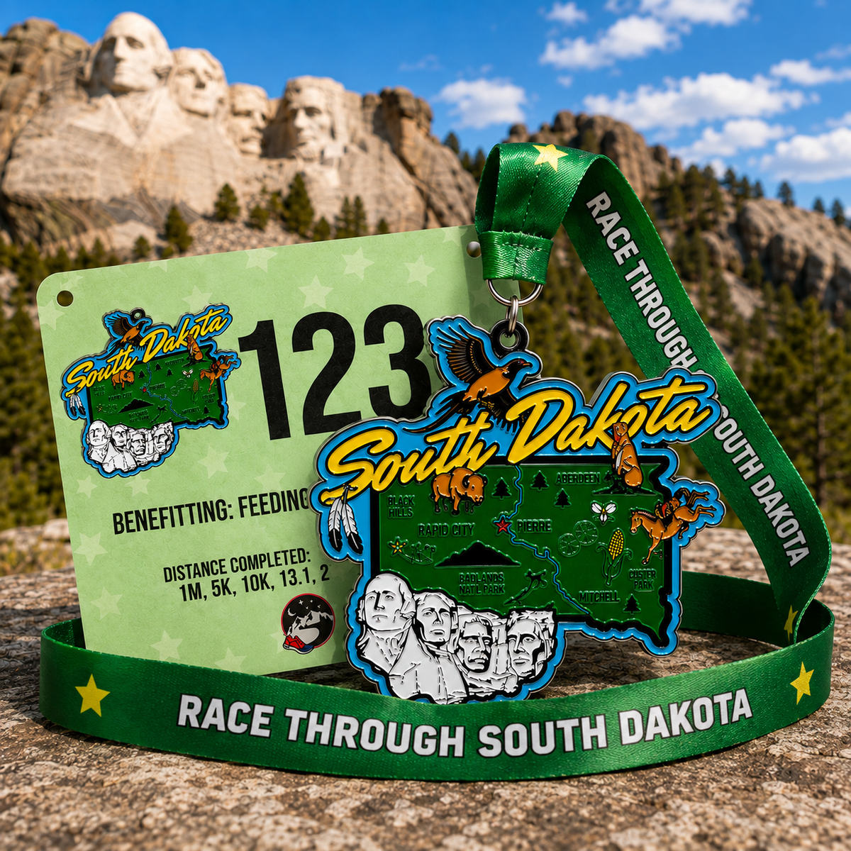 Virtualrunevent Race Through America 50 State Challenge medals and bibs displayed on a flat surface.