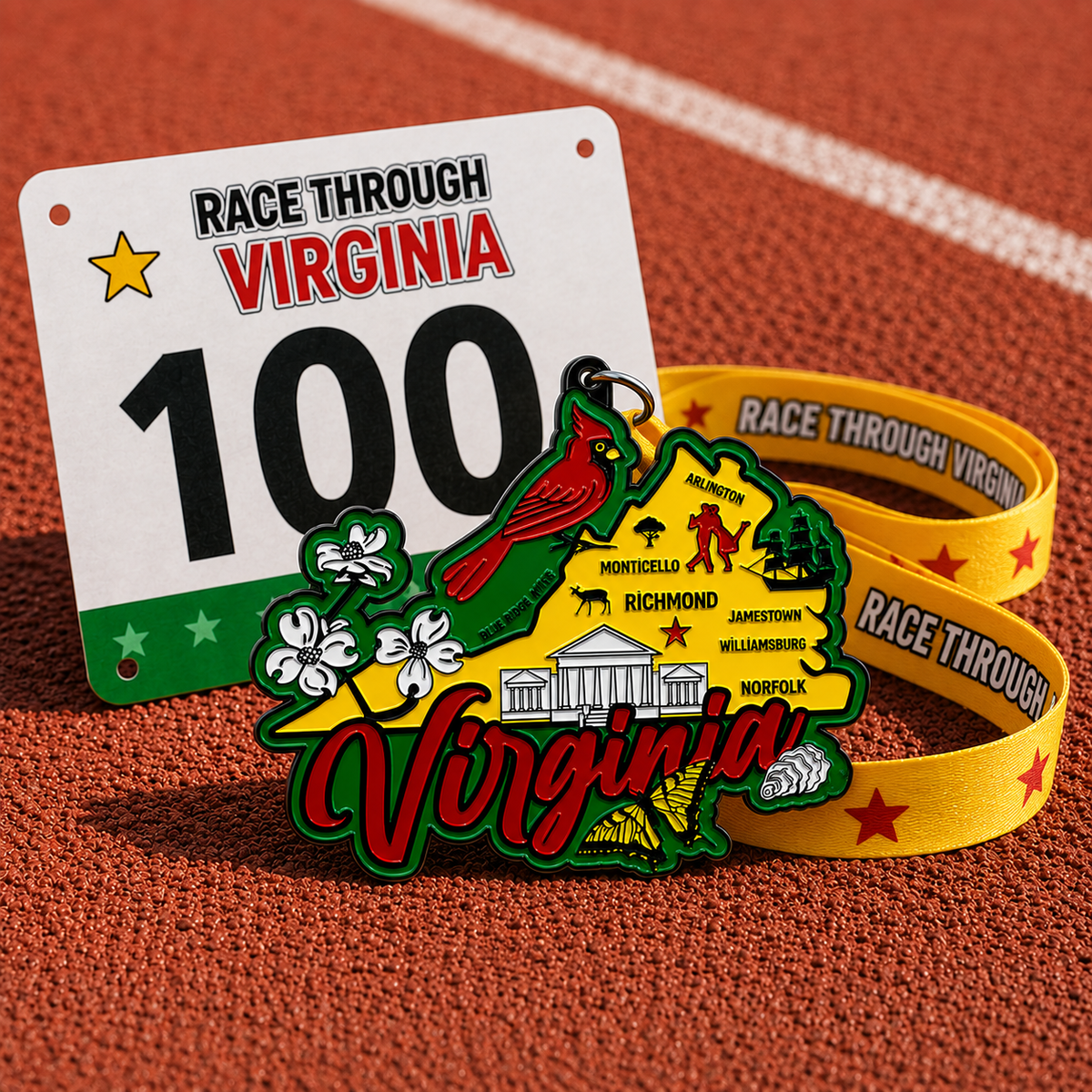 Virginia Virtual Race medal by virtualrunevent, featuring a detailed design celebrating 5K, 10K, half marathon, and marathon achievements.