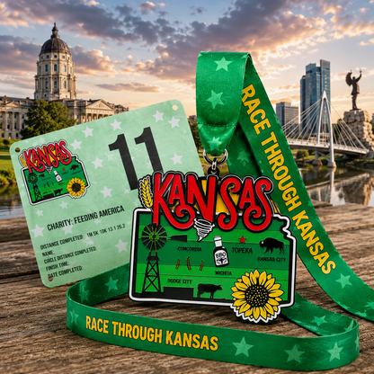 Virtualrunevent Race Through Kansas medal featuring Kansas-themed design for 5K, 10K, half marathon, and 50-mile challenge finisher