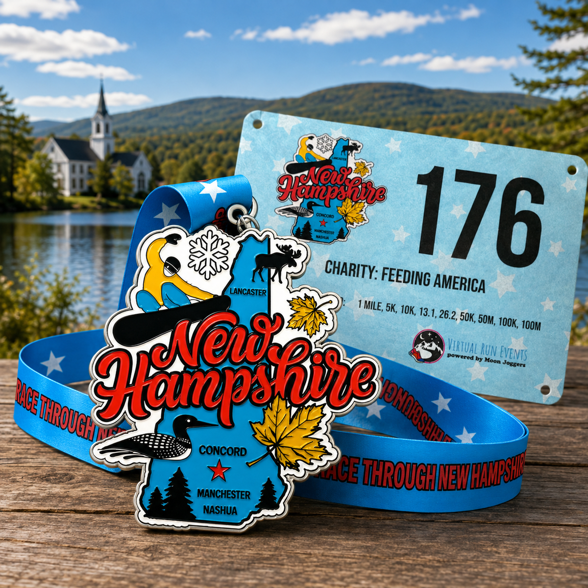 Virtualrunevent Race Through New Hampshire medal and bib set featuring a colorful race-themed medal and official bib for running events.