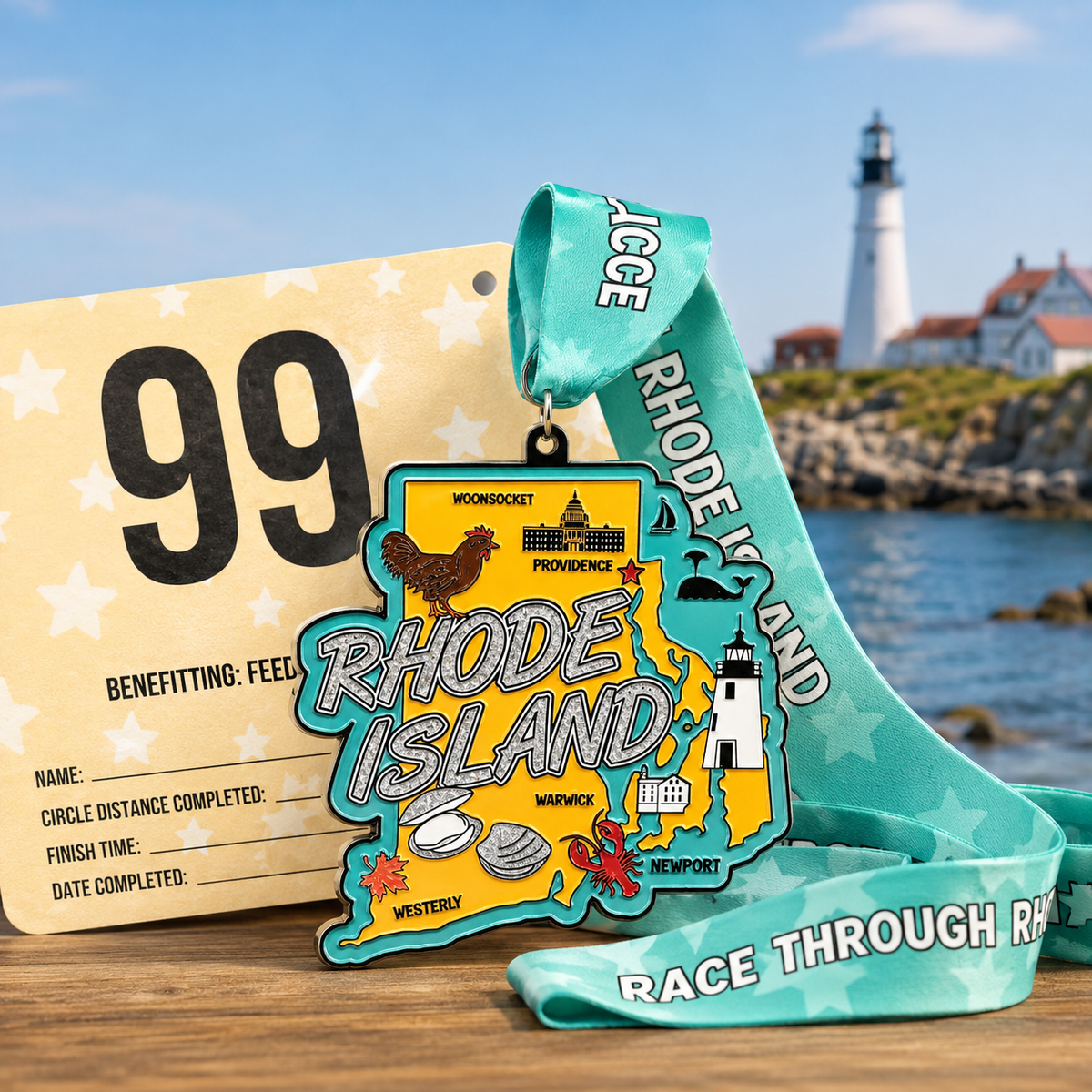 Virtualrunevent Rhode Island race medal for 5K, 10K, half marathon, and marathon with intricate design and colorful finish.