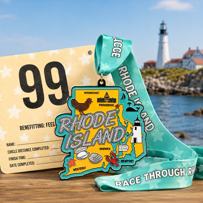 Virtualrunevent Rhode Island race medal for 5K, 10K, half marathon, and marathon with intricate design and colorful finish.