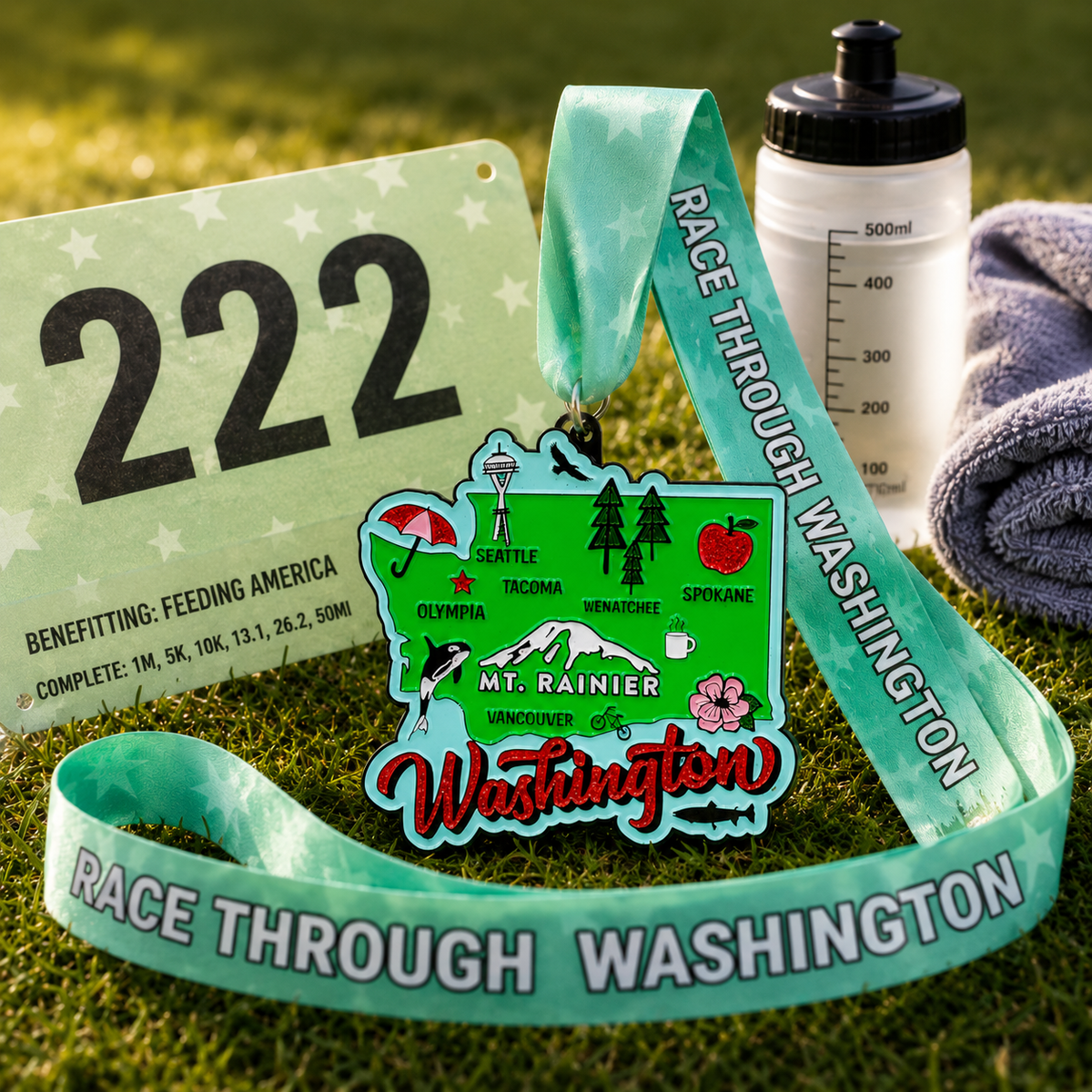 Virtualrunevent Race Through Washington medal with engraved Washington landmarks and event branding, designed for 5K, 10K, and half marathon.