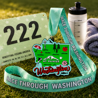 Virtualrunevent Race Through Washington medal with engraved Washington landmarks and event branding, designed for 5K, 10K, and half marathon.