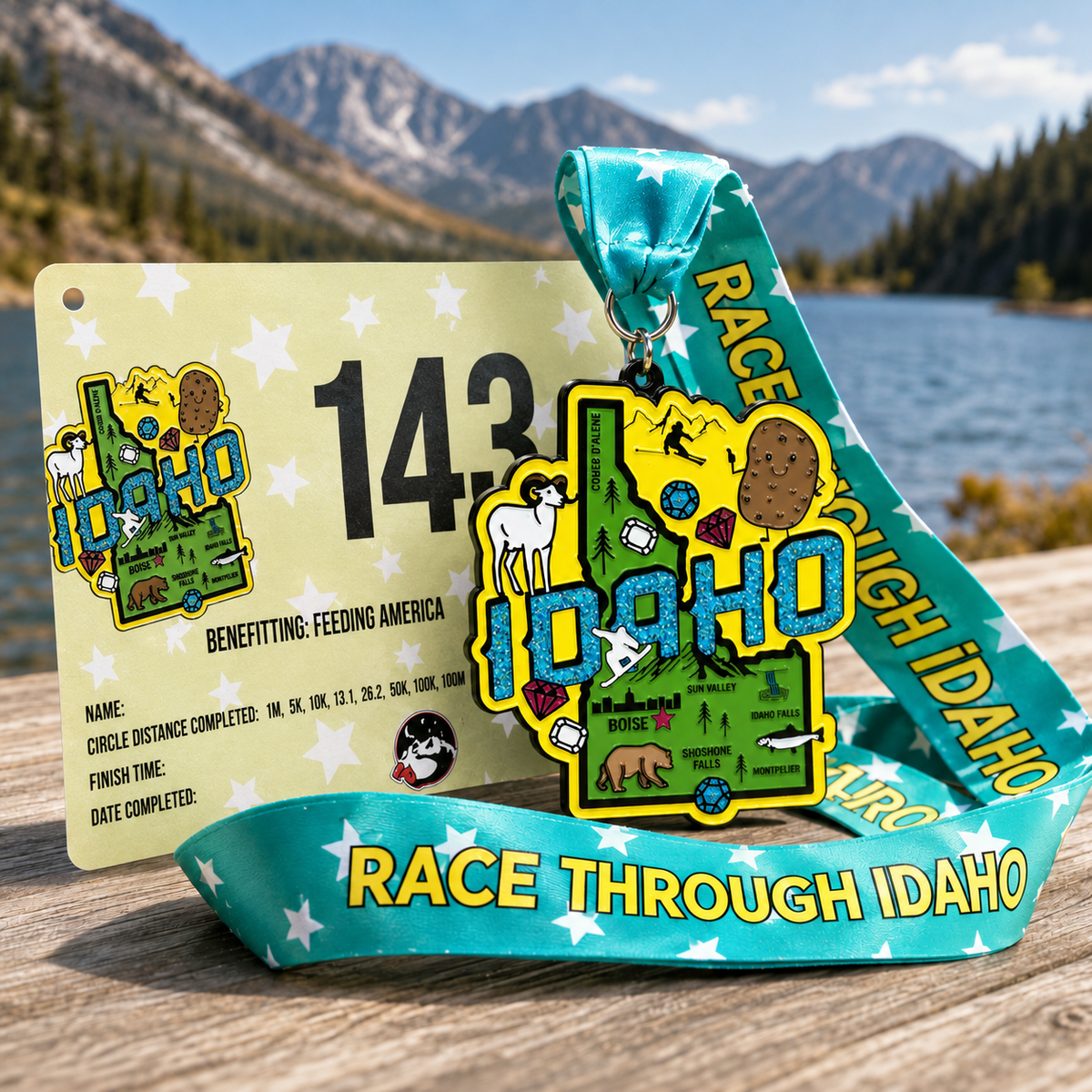 Virtualrunevent Race Through America 50 State Challenge medals and bibs displayed on a white background.