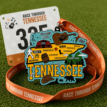 Virtualrunevent Race Through Tennessee medal for 5K, 10K, half marathon, and marathon virtual race event showing a colorful medal.