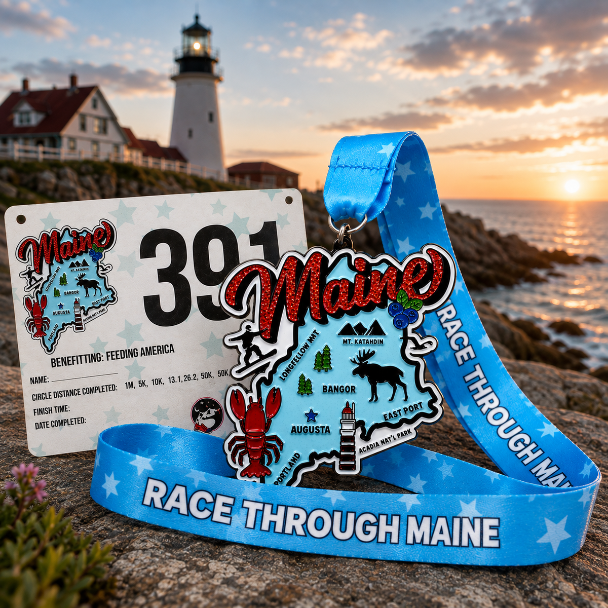 Virtualrunevent Maine Race medal for 5K, 10K, Half Marathon, and 50 Mile Challenge featuring Maine-themed design.