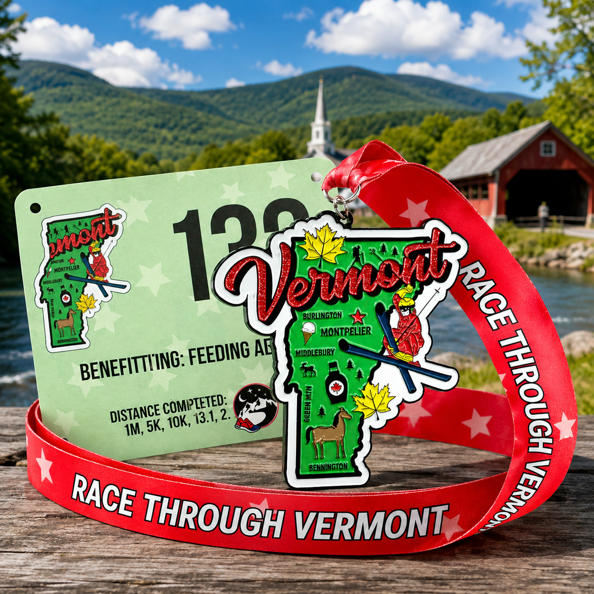 Virtualrunevent Race Through America 50 State Challenge medals and bibs displayed in a row, showcasing all 50 state medals.