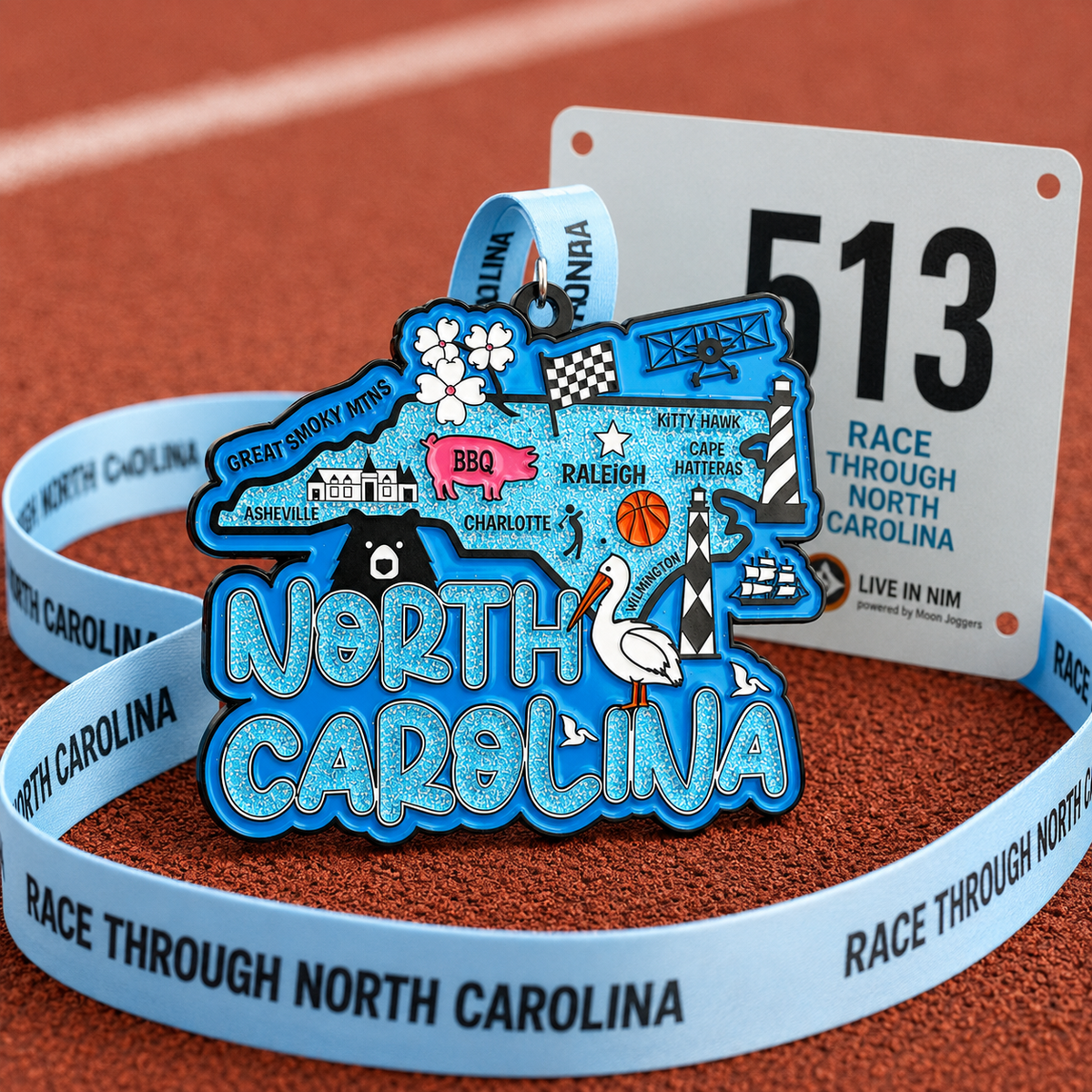 North Carolina Virtual Race medal by virtualrunevent for 5K, 10K, Half Marathon, and 50 Mile Challenge.