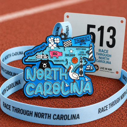 North Carolina Virtual Race medal by virtualrunevent for 5K, 10K, Half Marathon, and 50 Mile Challenge.