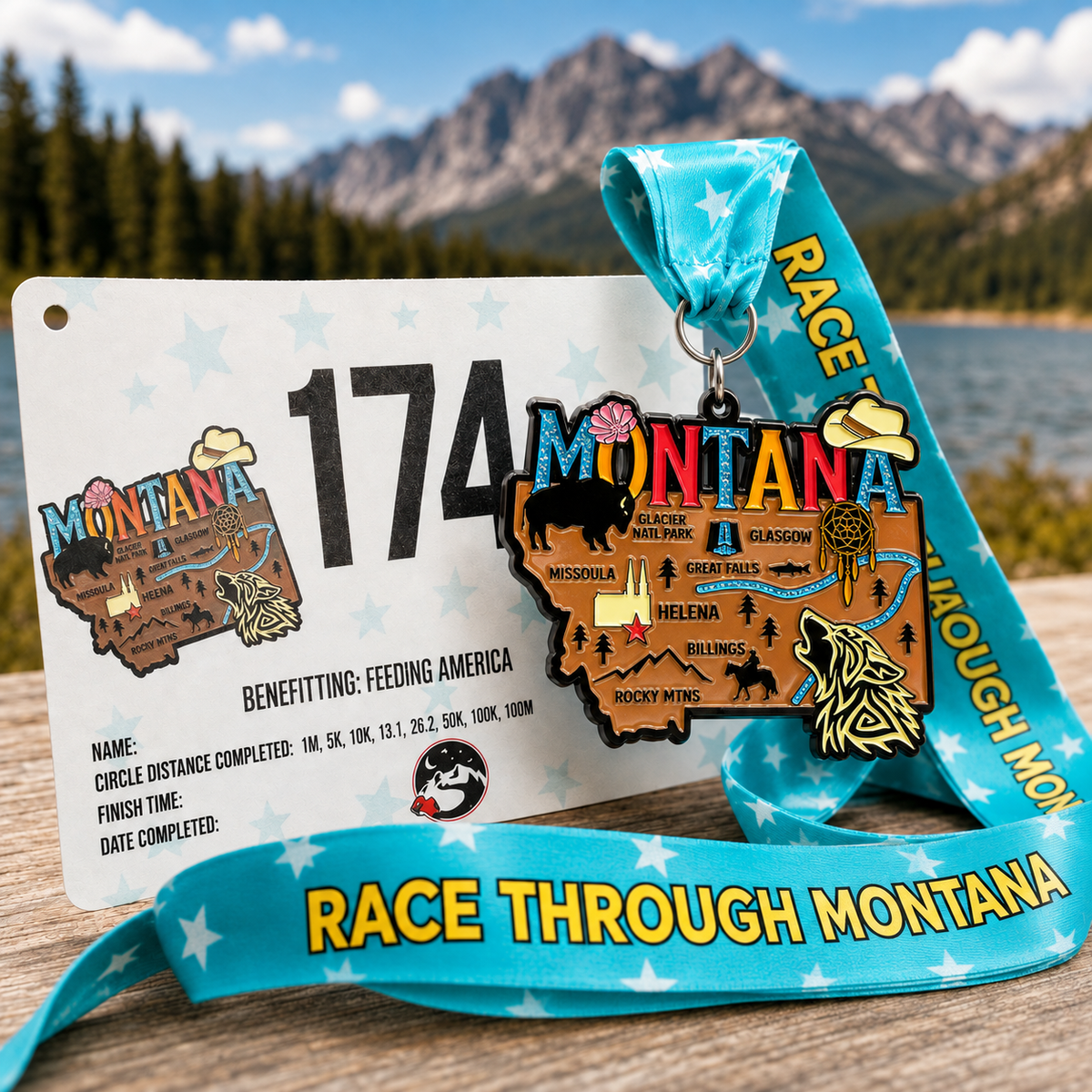 VirtualRunEvent Montana Race medal for 5K, 10K, Half Marathon, and 50 Mile Challenge, featuring mountain and race design.