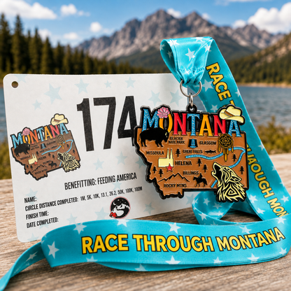 VirtualRunEvent Montana Race medal for 5K, 10K, Half Marathon, and 50 Mile Challenge, featuring mountain and race design.