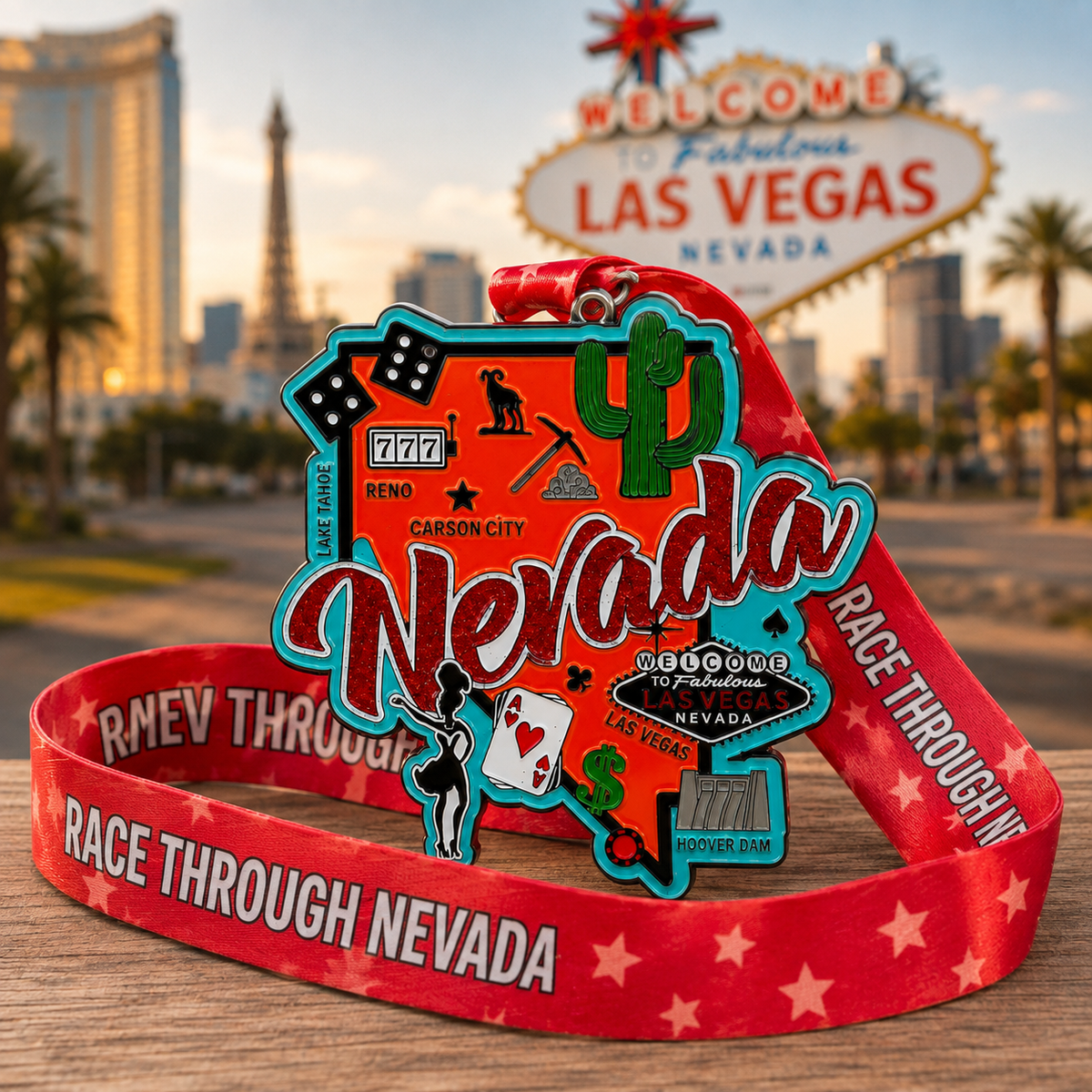 Virtualrunevent Race Through America 50 State Challenge medals and bibs arranged together on a surface.