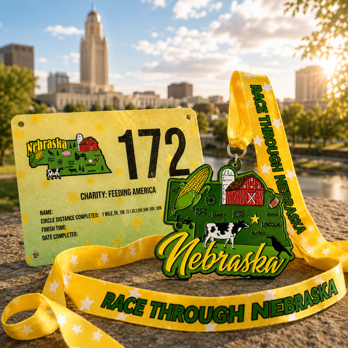Race Through Nebraska 1M 5K 10K 13.1 26.2 Medal and Bib