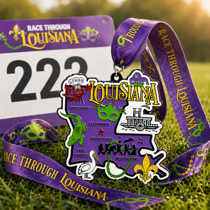 Virtualrunevent Race Through Louisiana medal for 5K, 10K, Half Marathon, and 50 Mile Challenge, featuring Louisiana-inspired design.