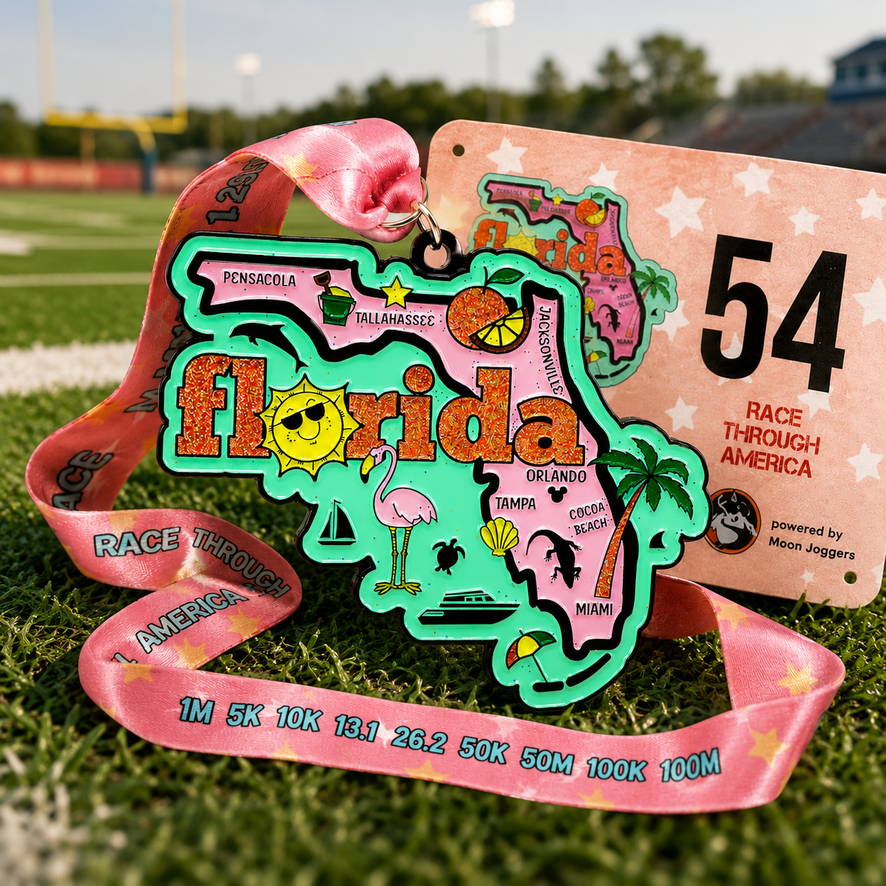 Virtualrunevent Race Through Florida medal and bib, featuring a colorful Florida-themed design and a numbered race bib.
