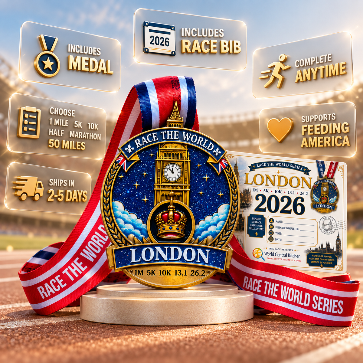 London Virtual Race medal featuring a colorful design and event branding for the 5K, 10K, half marathon, and marathon travel challenge.