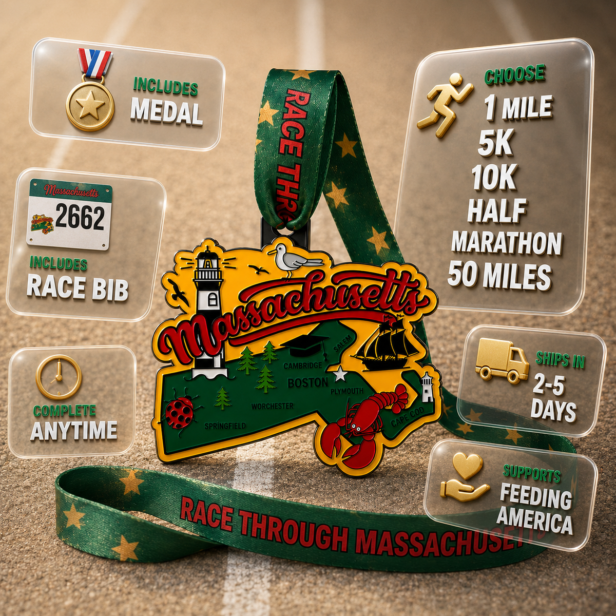 Massachusetts race medal and bib for 1-mile, 5K, 10K, 13.1 half marathon, and 26.2 marathon from Virtual Run Event.